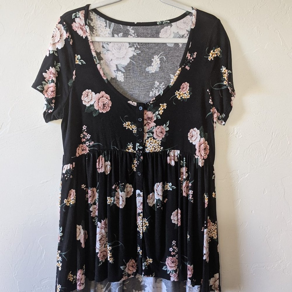 Torrid Knit Black Floral Button-up Babydoll Top